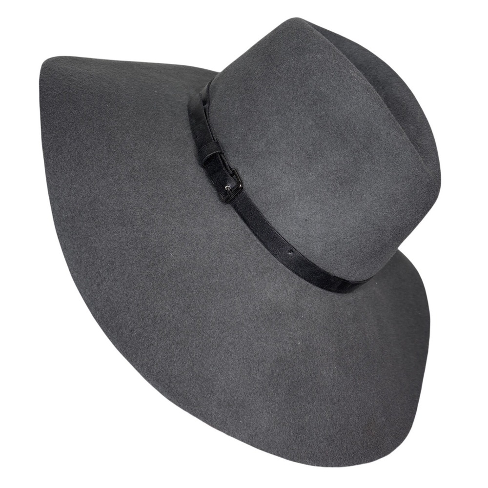 BCBGMAXAZRIA Women's Grey Wide Brim Felt Fedora Hat Buckle Detail Chic Old Money